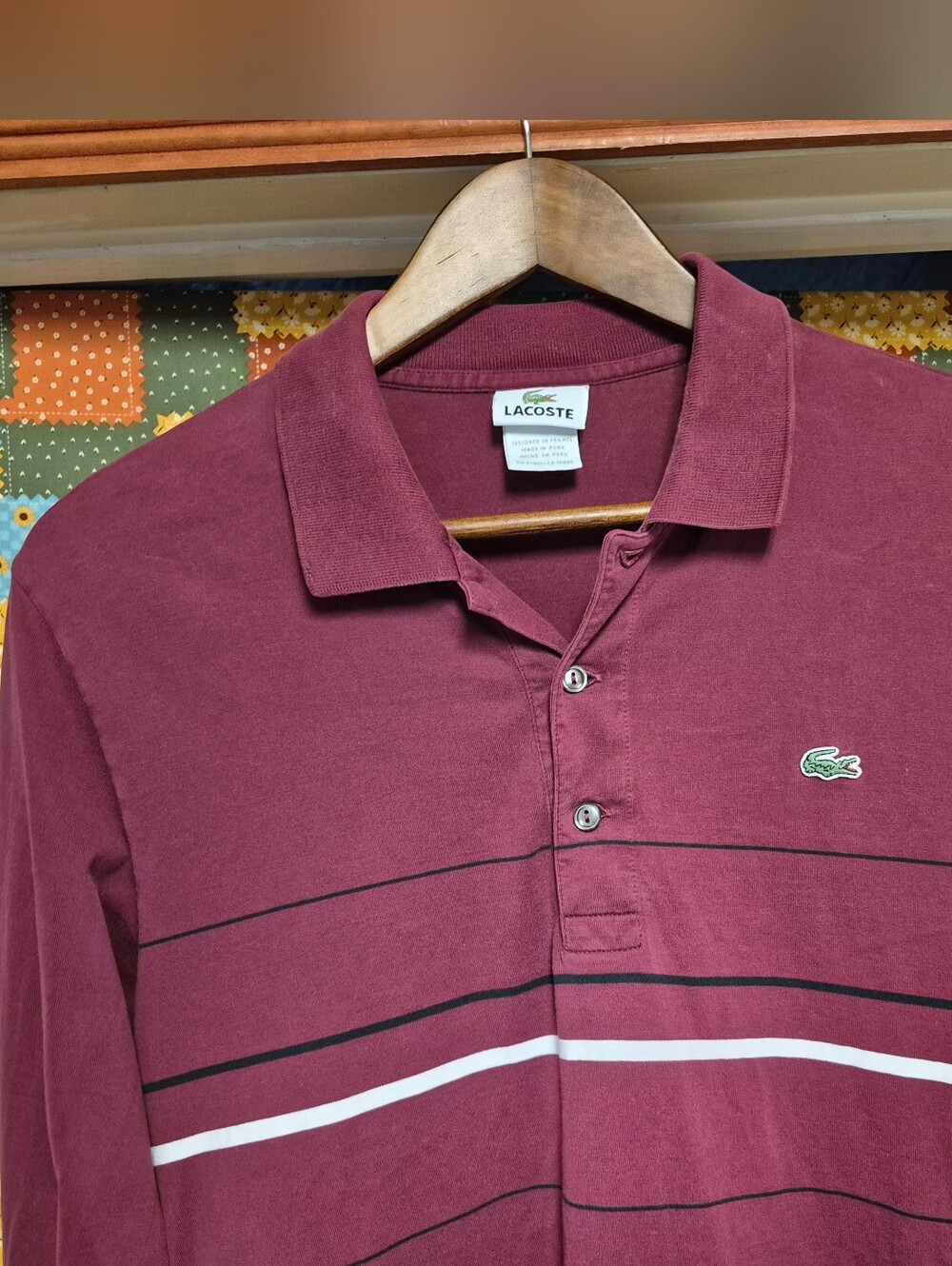 Lacoste Men's Maroon Striped Long Sleeve Polo with Crocodile Logo